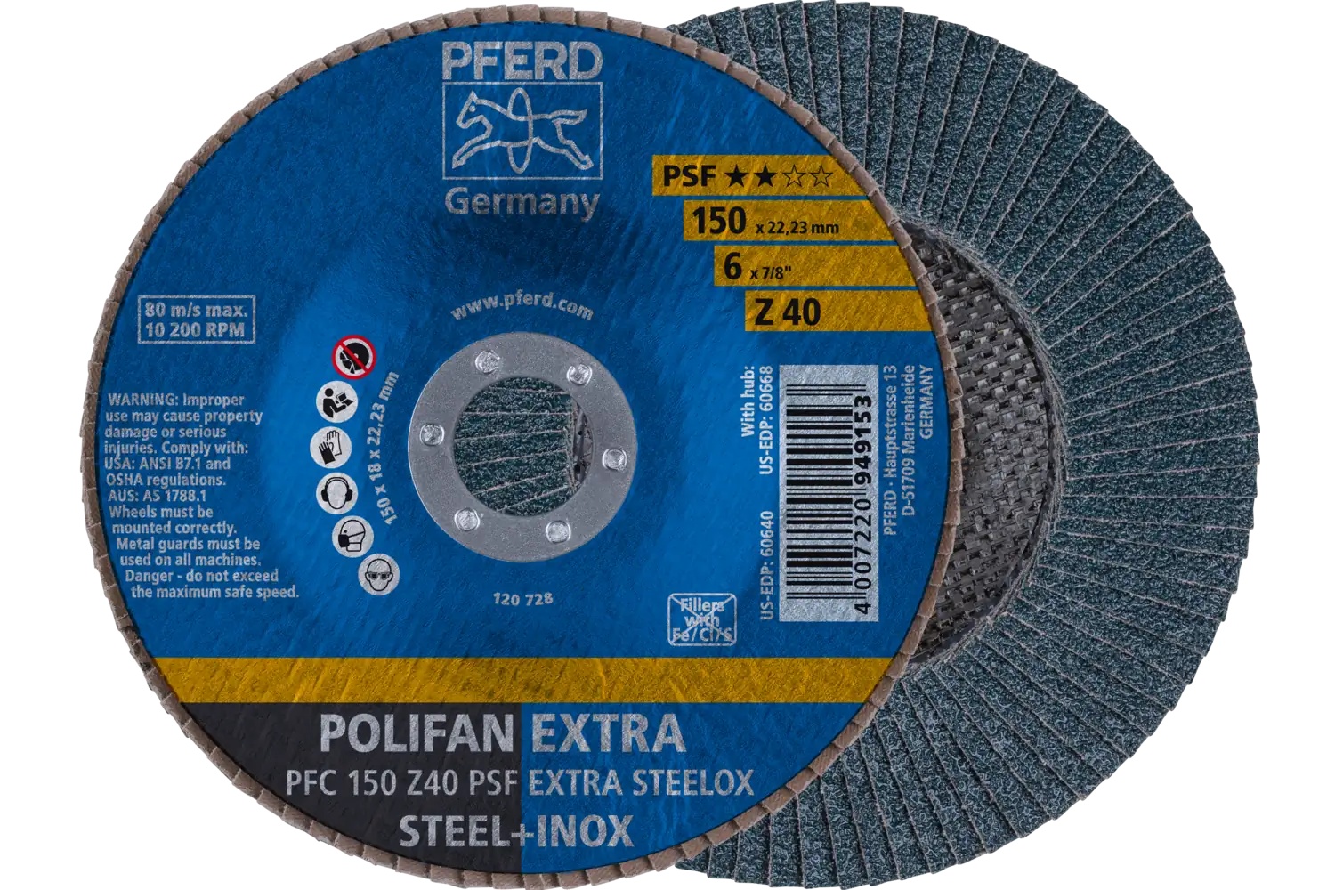 Picture of Pferd Flap Disc, 6" x 5/8-11, Z PSF Extra Steelox, 40 Grit, T29, Conical, Zirconia